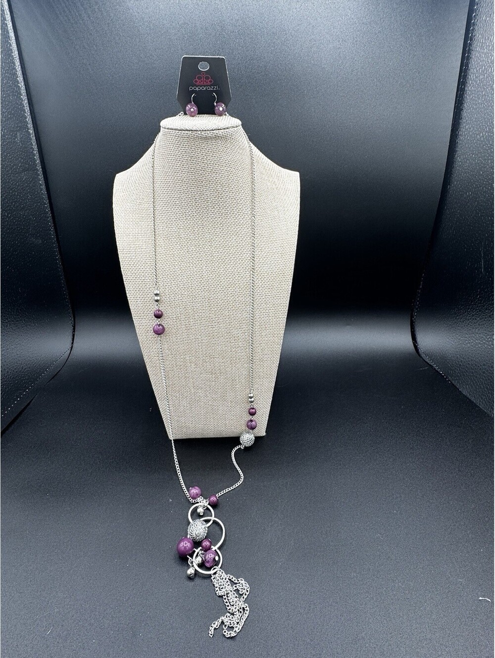 Paparazzi Purple Beaded Tassel Necklace Set Silver Tone Long Pendant Jewelry NWT